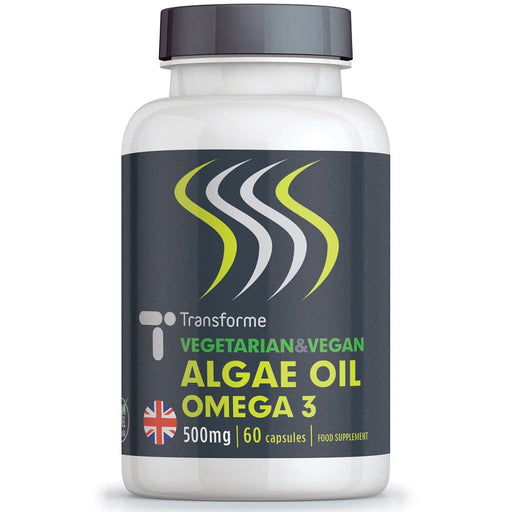 Omega 3 Algae Oil 500mg softgel supplement, vegetarian, vegan, natural, fish free, pure & concentrated DHA omega-3 fatty acid, 60 capsules bottle, from Transforme