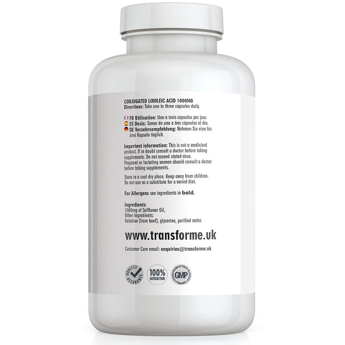 Transforme CLA, 1000mg food supplement, 180 or 360 capsules, safflower oil, Omega 6, Conjugated Linoleic Acid, bottle back showing directions for use