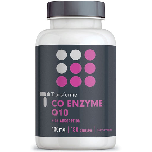 Co Enzyme Q10 100mg capsules supplement, Transforme 180 CoQ10 softgels bottle front
