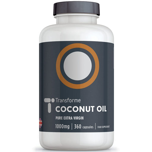Pure Extra Virgin Coconut Oil 1000mg, cold pressed for quality in easy to swallow softgel capsules, natural healthy fatty acids, MCTs superfood from Transforme