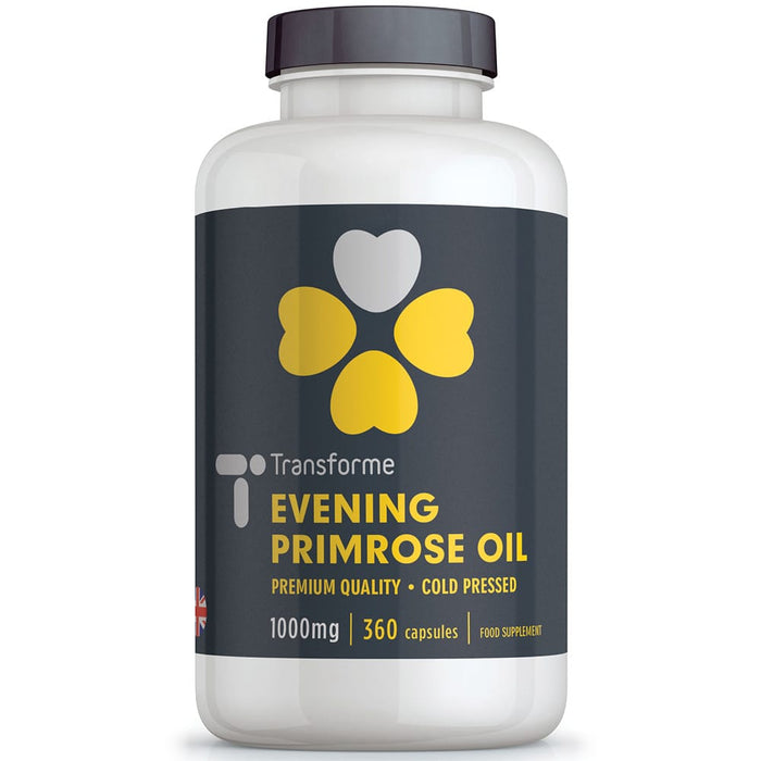 Evening Primrose Oil 1000mg capsules, cold pressed Omega 6 fatty acids, high strength 9% GLA - 90mg Gamma Linolenic Acid, 90, 180, 360 capsules from Transforme