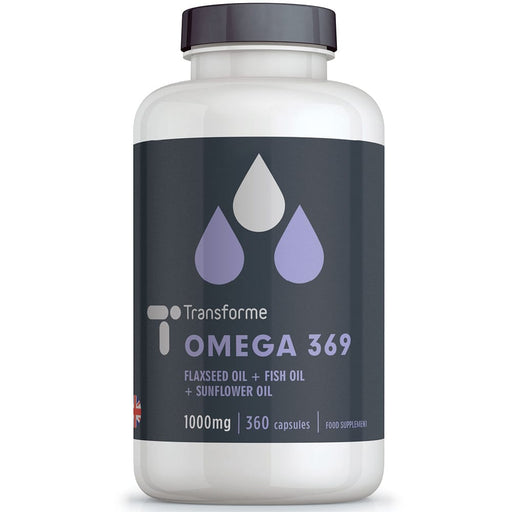 Transforme Omega 3 6 9 capsules, fish oil, flaxseed oil and sunflower seed oil, EPA, DHA, ALA, LA, Oleic Acid, 1000mg softgels, bottle front