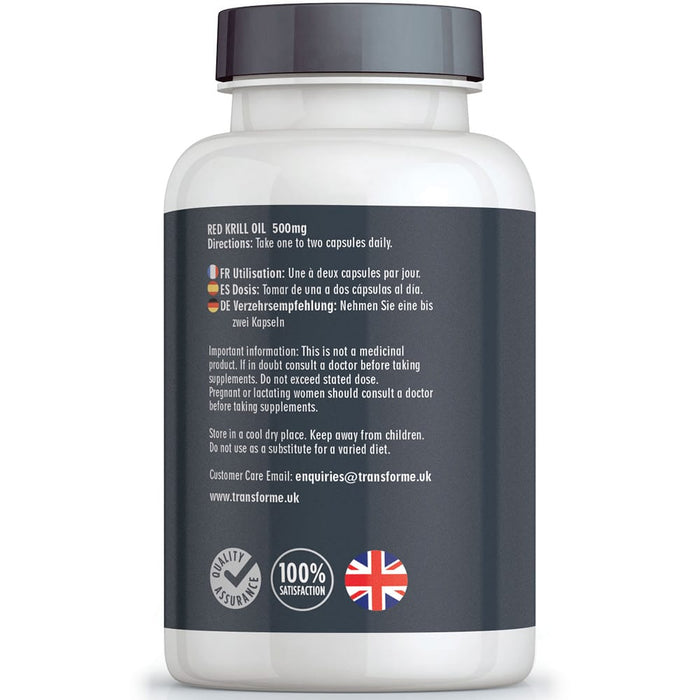 Transforme Superba Red Krill Oil 500mg capsules, high strength rapid absorption softgels, Marine Phospholipids, Omega 3, EPA & DHA, Astaxanthin, bottle back with directions for use