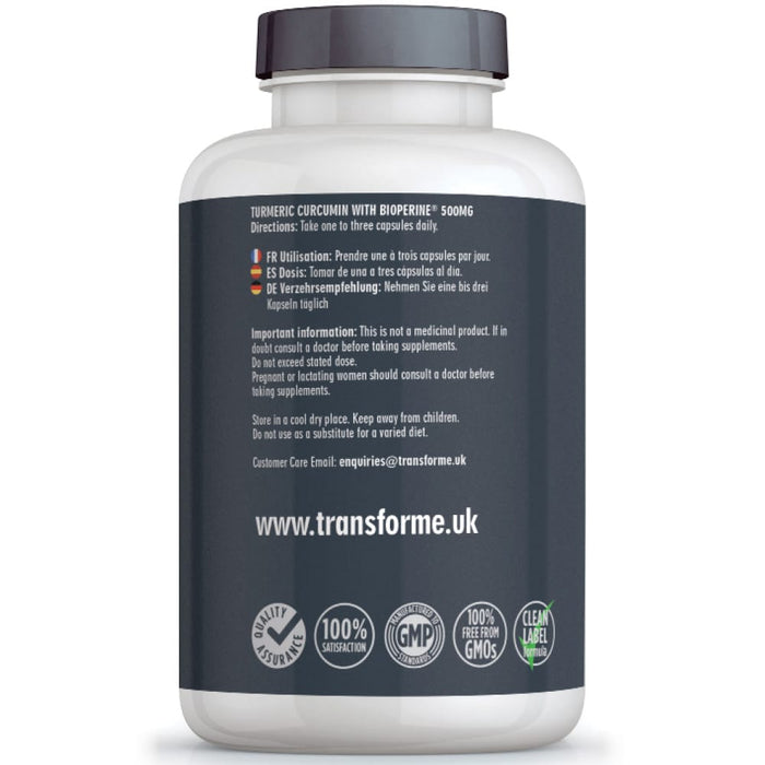 Transforme Turmeric Curcumin with BioPerine black pepper extract, 365 capsule bottle back showing directions for use