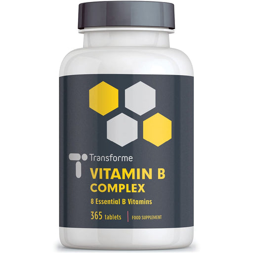 Vitamin B Complex, 365 tablets, 8 essential B Vits: B1, B2, B3, B4, B5, B6, B7 (Biotin), B9 (Folic Acid) & B12, vegan & vegetarian, from Transforme