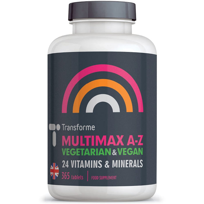 Multimax A-Z Multivitamin, vegetarian & vegan, 24 vitamins & minerals, broad spectrum nutritional support, 365 or 180 easy swallow tablet bottles by Transforme