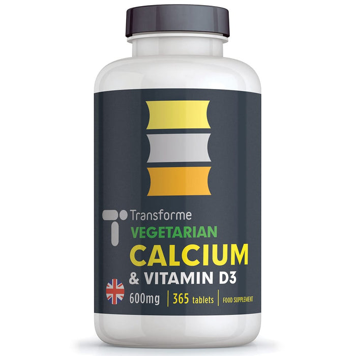Calcium and Vitamin D3 600mg, 365 vegetarian tablets, for bones, teeth, muscle function & immune system, two tablets give full NRV, from Transforme