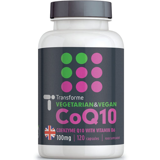 Transforme vegan and vegetarian CoQ10 100mg supplement, 120 CoEnzyme Q10 capsules, sealed labelled bottle front