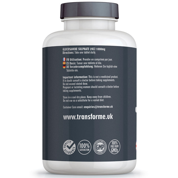 Transforme high strength Glucosamine Sulphate 2KCl 1000mg coated tablets, 180 or 365 tablets, bottle back with directions for use