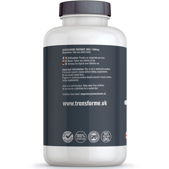 Glucosamine Sulphate 1500mg vegetarian & vegan high strength coated & breakable tablets, Transforme bottle back with directions for use