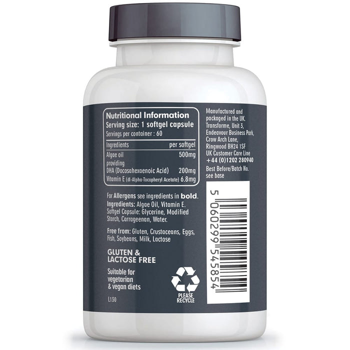 Transforme Omega 3 Algae Oil supplement, 500mg 60 softgel bottle, back view showing nutritional information