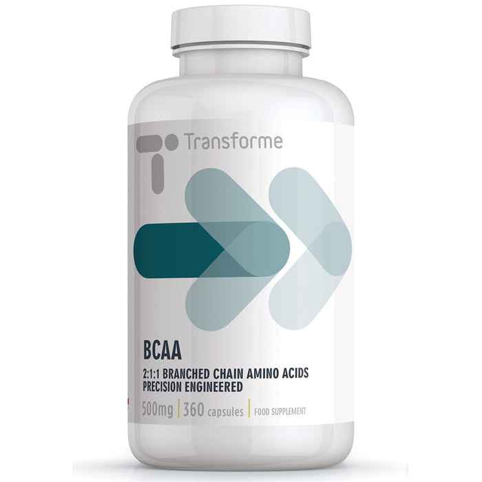 BCAA Branched Chain Amino Acids 500mg, L-Leucine 250mg, L-Isoleucine 125mg, L-Valine 125mg, per capsule, 360 capsule bottle, 2500mg serving by Transforme