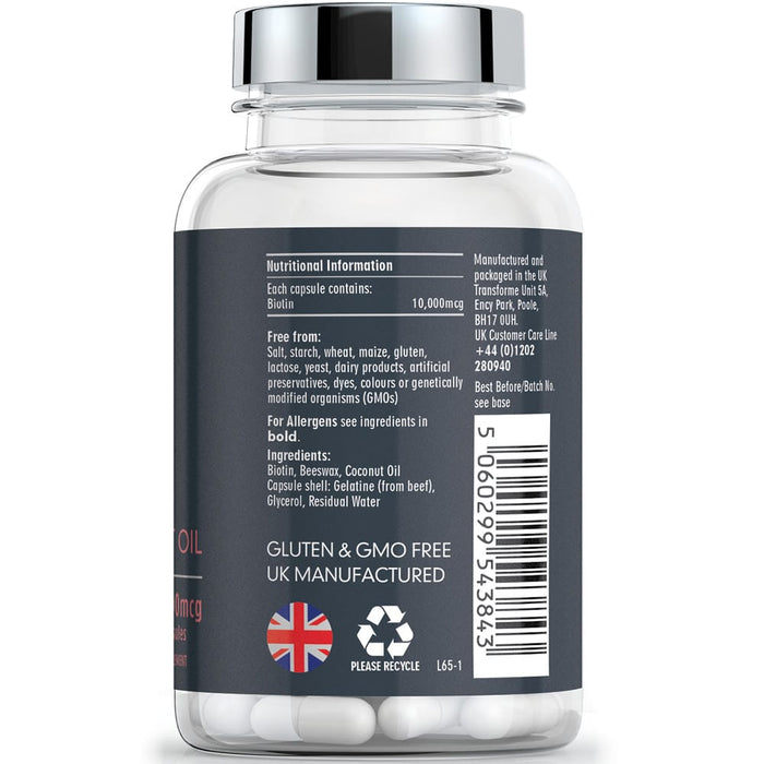 Biotin and Coconut Oil 10000 mcg capsules, Transforme 365 capsule bottle back showing nutritional information
