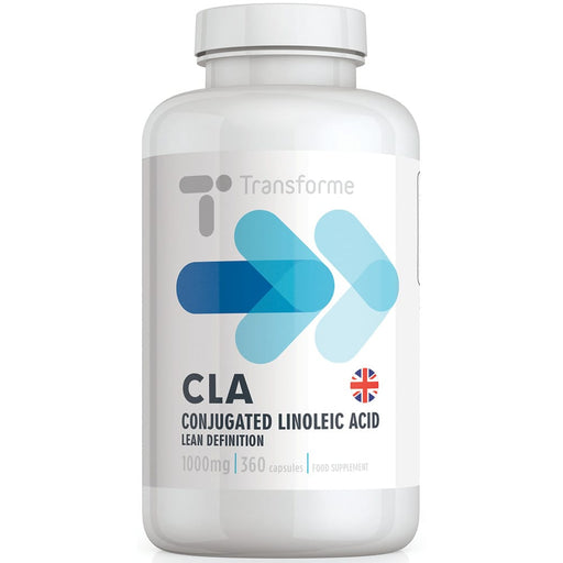 CLA, 1000mg supplement, 180 or 360 capsules of pure high strength safflower oil providing Omega 6 Conjugated Linoleic Acid, by Transforme