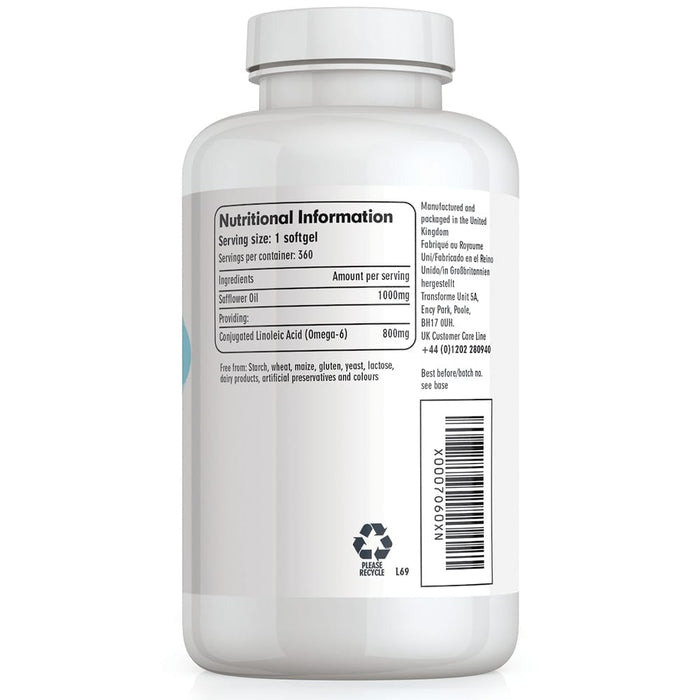 Transforme CLA, Conjugated Linoleic Acid, 180 or 360 1000mg capsules safflower oil, Omega 6, bottle back showing nutritional information