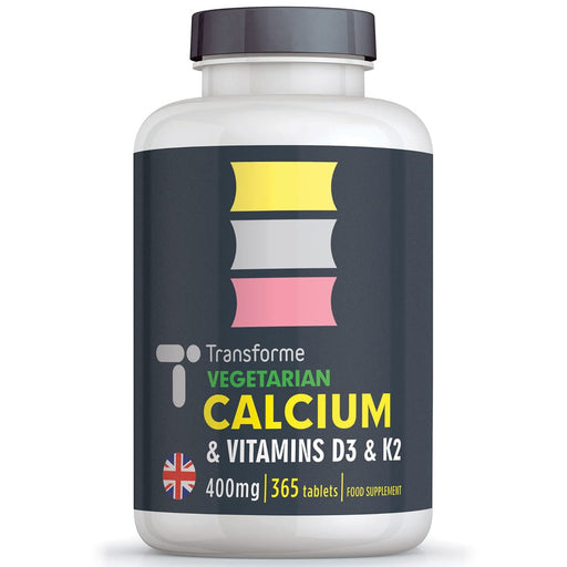 Calcium Vitamin D3 Vitamin K2 400mg, 365 vegetarian tablets, bones, teeth, muscle function and immune system, two tablets give full daily NRV, from Transforme