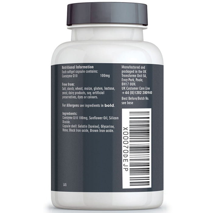 Co Enzyme Q10 100mg supplement, Transforme 180 CoQ10 softgel capsules bottle back showing nutritional information