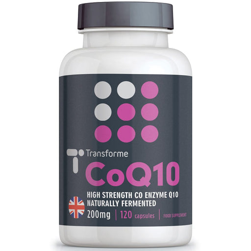 Co Enzyme Q10 200mg capsules supplement, Transforme 120 CoQ10 softgels bottle front