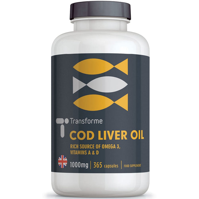 Cod Liver Oil capsules 1000mg, EPA & DHA with Vitamins A and D3, 90, 180 or 365 softgel caps, essential fatty acids, supplements by Transforme