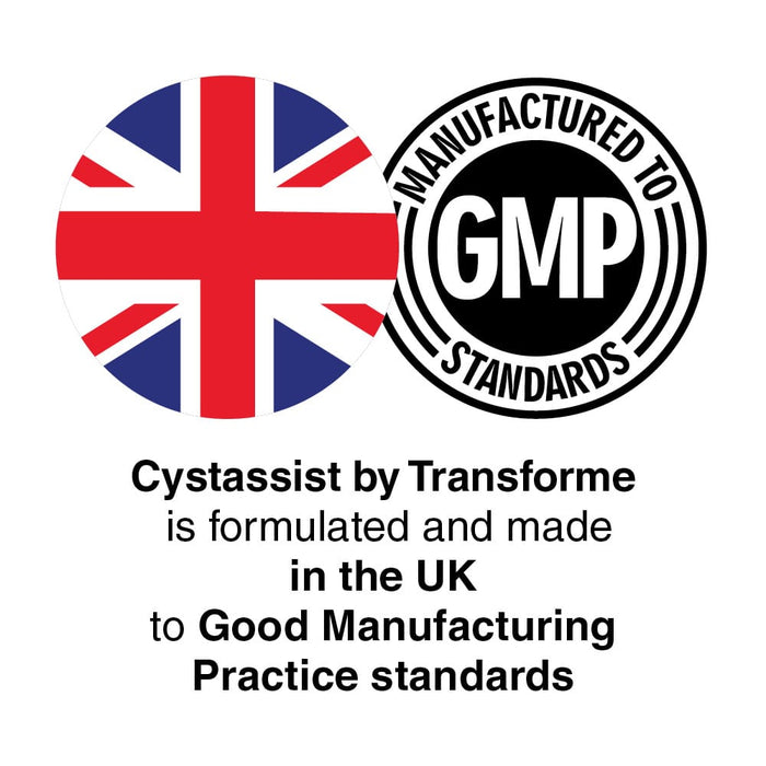 Union flag and GMP roundal logos. Transforme Cystassist is made in the UK to Good Manufacturing Practice standards.