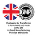 Union flag and GMP roundal logos. Transforme Cystassist is made in the UK to Good Manufacturing Practice standards.