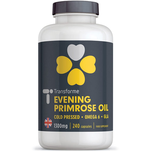 Evening Primrose Oil 1300mg capsules, pure cold pressed Omega 6 fatty acids, high strength 9% GLA - 117mg Gamma Linolenic Acid, 240 capsules, from Transforme