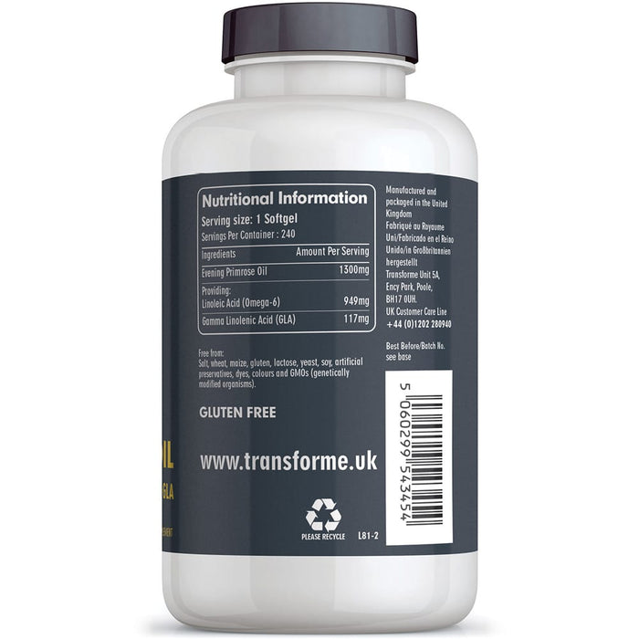 Transforme Evening Primrose Oil 1300mg, 240 capsules, cold pressed Omega 6 fatty acids, 117mg GLA, Gamma Linolenic Acid, bottle back showing nutritional information