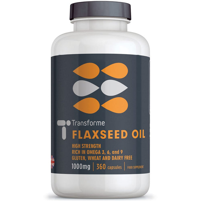 Flaxseed Oil Omega 3 6 9, ALA, LA, cold pressed strength & potency, fish free fatty acids, easy to swallow softgels, 90, 180 & 360 capsule bottles from Transforme