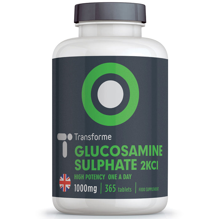 Glucosamine Sulphate 2KCl high strength 1000mg coated tablets, 180 and 365 bottle sizes by Transforme 