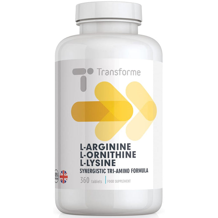 Precision engineered L-Arginine L-Ornithine L-Lycine tablets, highly absorbable free form amino acids, vegetarian & vegan, The Three Aminos 360 tablet bottle from Transforme