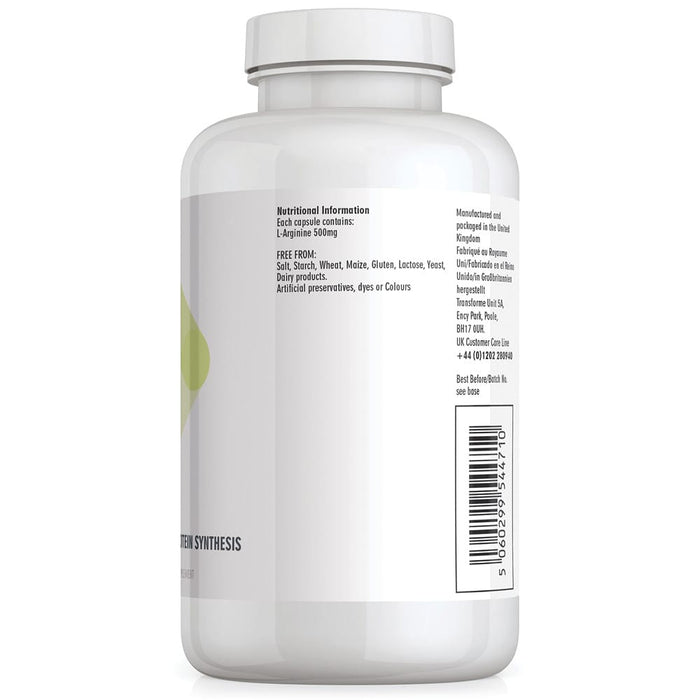 Transforme L-Arginine 500mg HCl Amino Acid Supplement, 360 capsule bottle back with nutritional information