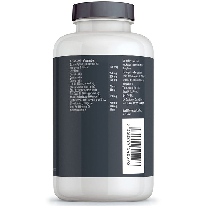Transforme Omega 3 6 9 softgels, Omega 3 6 9 capsules supplement, bottle back with nutritional information for 2 capsule 2000mg serving