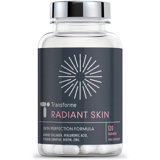 Radiant Skin complex, 120 capsules with Marine Collagen, Hyaluronic Acid, Biotin, Zinc, Vitamins B6, B12 & C and Copper, gluten & dairy free, for skin hair and nails, from Transforme