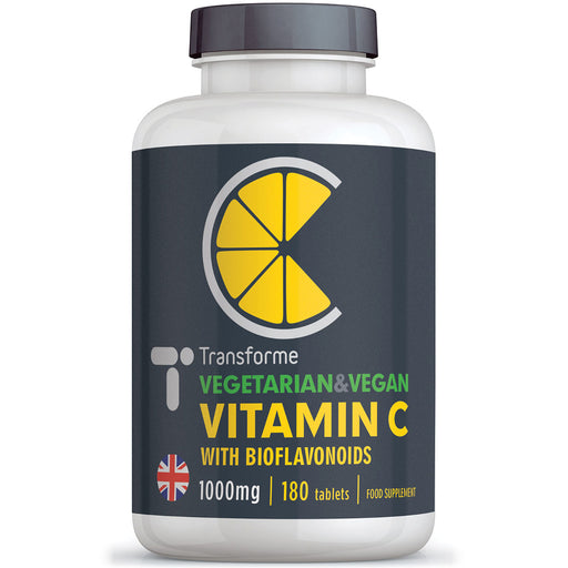 Vitamin C 1000mg, 180 tablets with Citrus Bioflavonoids, vegetarian & vegan supplement, supports immune system, skin, teeth & bones, from Transforme