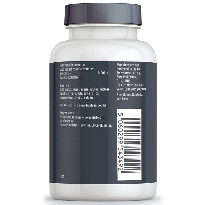 Vitamin D3 10,000iu high strength capsules, liquid in softgels, max absorption, bottle back with nutritional information