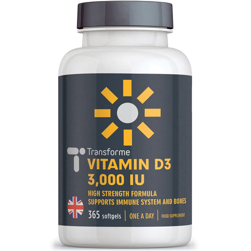 Transforme Vitamin D3 3000 iu cholecalciferol in olive oil, one a day vitamin D softgel capsules, 365 bottle back with directions for use