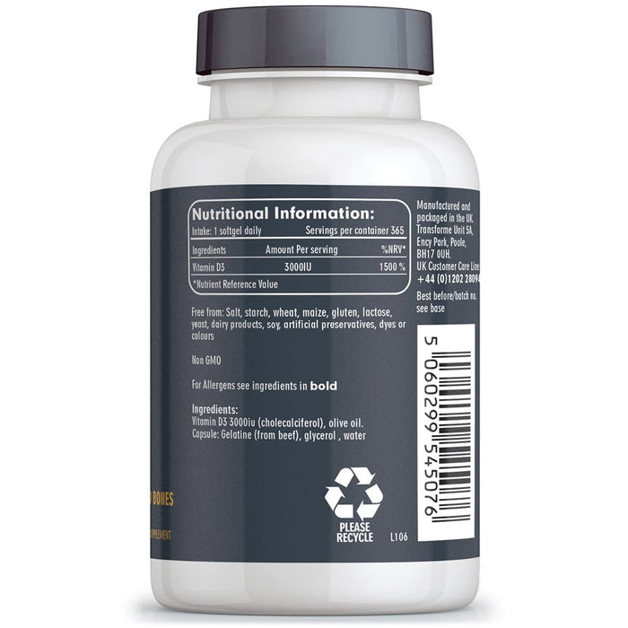 Vitamin D3 3000 iu cholecalciferol in olive oil, 365 vitamin D softgel capsules, Transforme bottle back with nutritional information