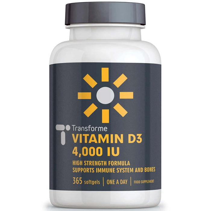 Vitamin D3 4000iu capsules, 365 high strength cholecalciferol softgels, not tablets, for max absorption, a year supply of 'sunshine in a bottle', from Transforme