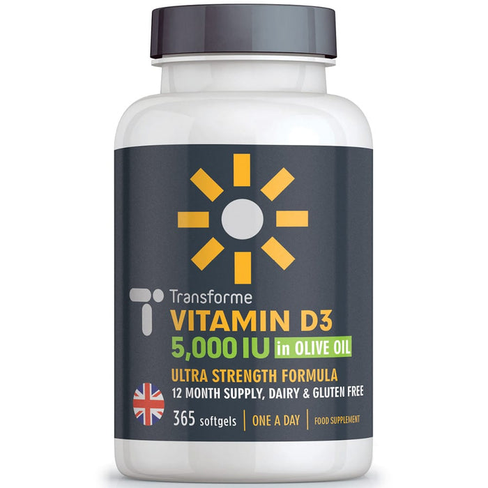 Transforme Vitamin D3 5000 iu Capsules with Olive Oil, one a day Vitamin D softgels for Immune System, Bones & Muscle Function, 365 bottle