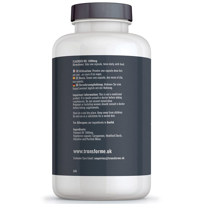 Transforme Flaxseed Oil 1000mg, vegetarian & vegan softgel capsules, cold pressed strength and purity, Omega 3 6 & 9 fatty acids, ALA LA & Oleic Acid, bottle back with directions for use